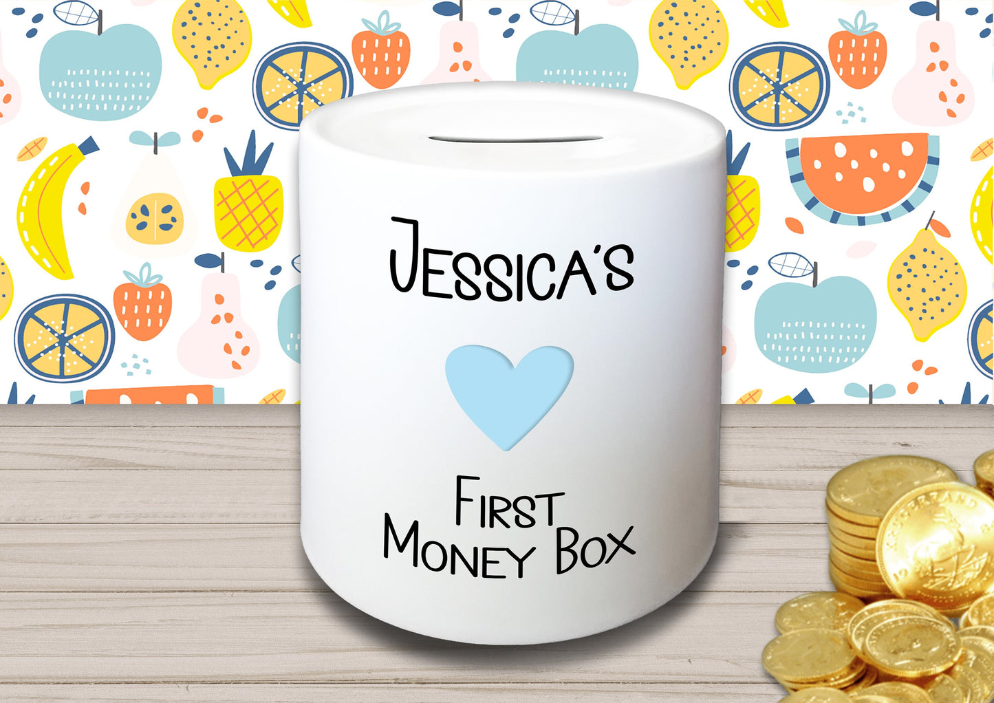 Personalised Kid's Name Ceramic First Money Box with Choice of Picture - Piggy Bank Birthday Gift for Child