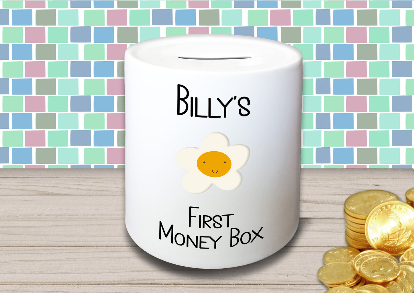 Personalised Kid's Name Ceramic First Money Box with Choice of Picture - Piggy Bank Birthday Gift for Child