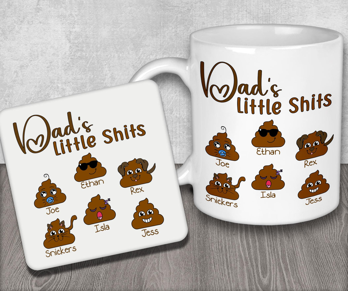 a coffee mug with a picture of a bunch of little shits on it