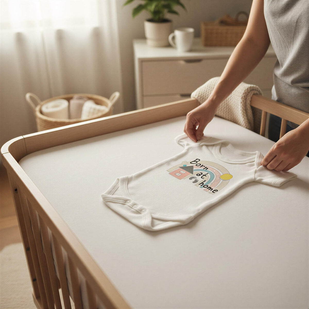 A person is placing a baby onesie on a white crib, with a potted plant and a dresser visible in the background.