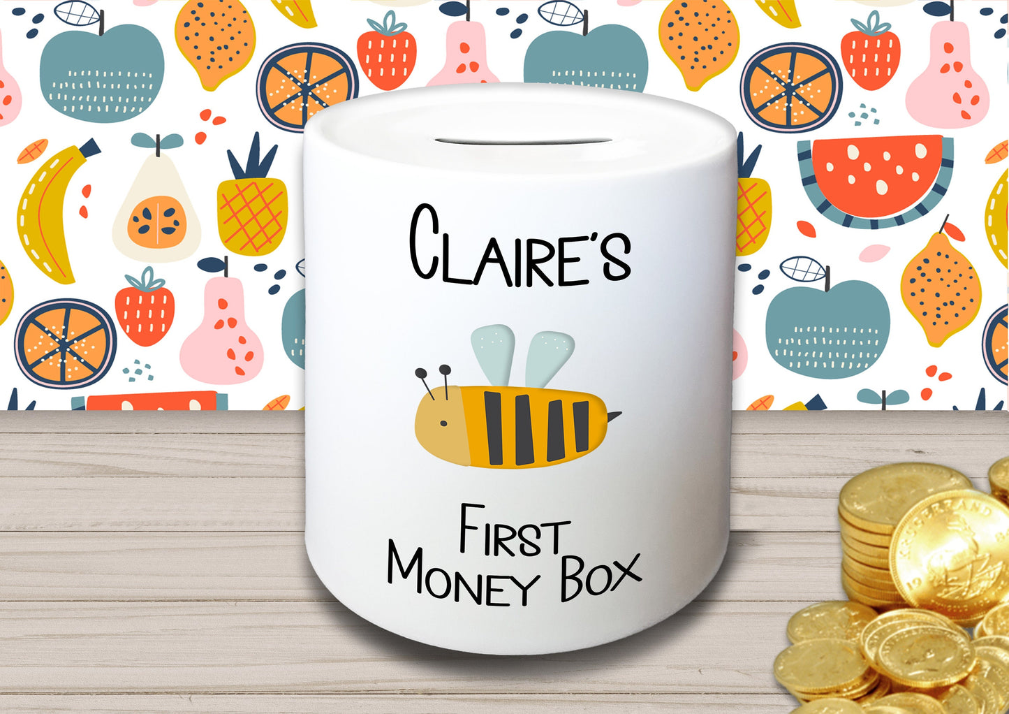 Personalised Kid's Name Ceramic First Money Box with Choice of Picture - Piggy Bank Birthday Gift for Child