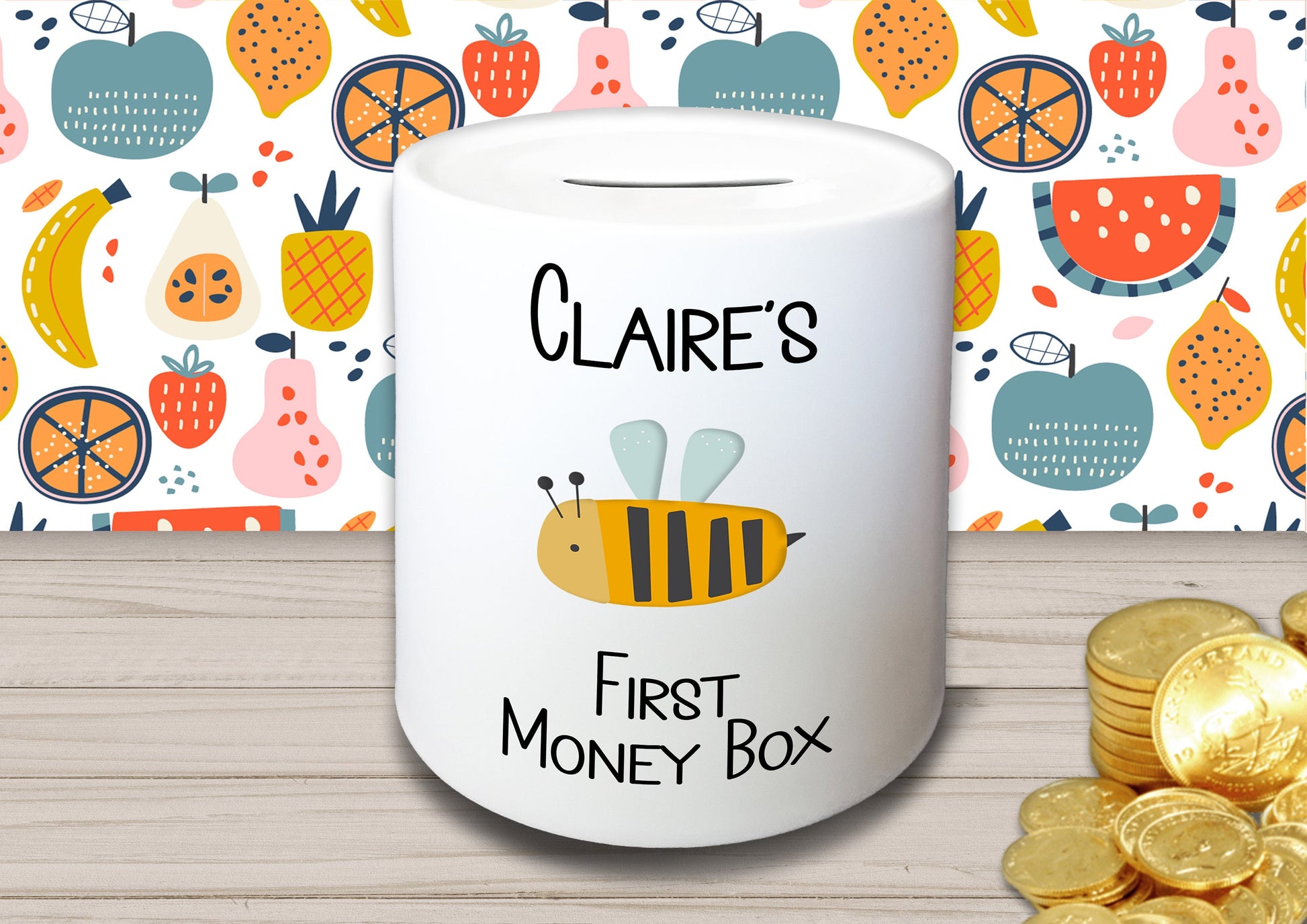 Personalised Kid's Name Ceramic First Money Box with Choice of Picture - Piggy Bank Birthday Gift for Child