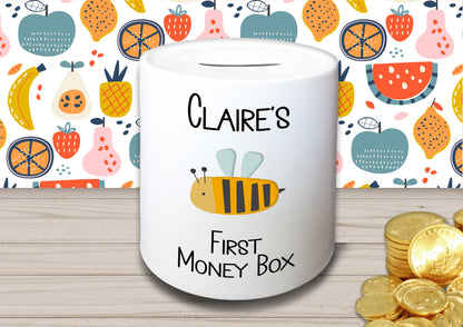 Personalised Kid's Name Ceramic First Money Box with Choice of Picture - Piggy Bank Birthday Gift for Child