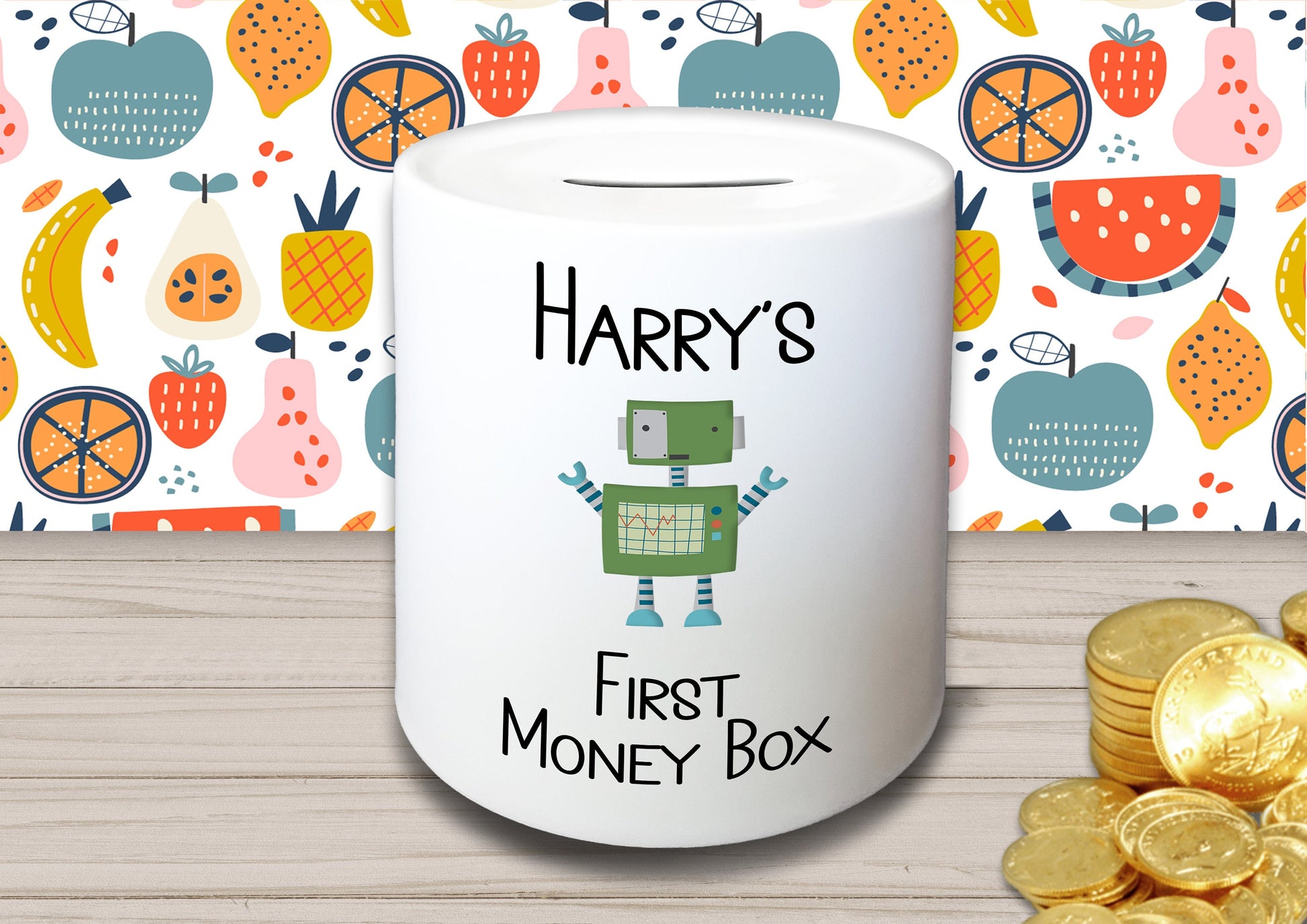 Personalised Kid's Name Ceramic First Money Box with Choice of Picture - Piggy Bank Birthday Gift for Child