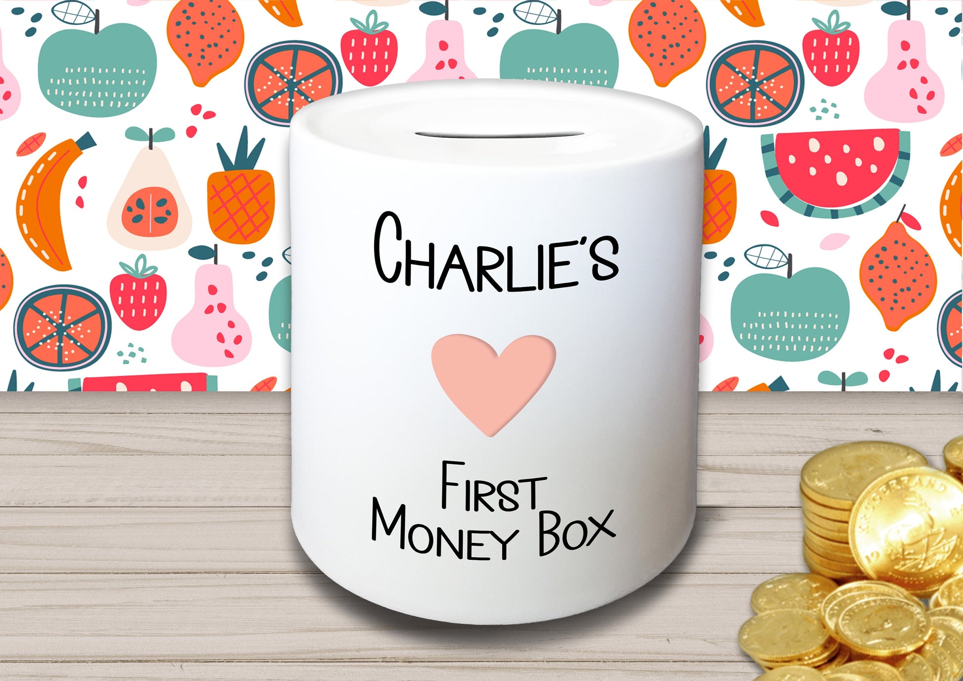Personalised Kid's Name Ceramic First Money Box with Choice of Picture - Piggy Bank Birthday Gift for Child