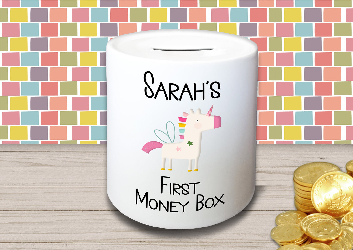 Personalised Kid's Name Ceramic First Money Box with Choice of Picture - Piggy Bank Birthday Gift for Child