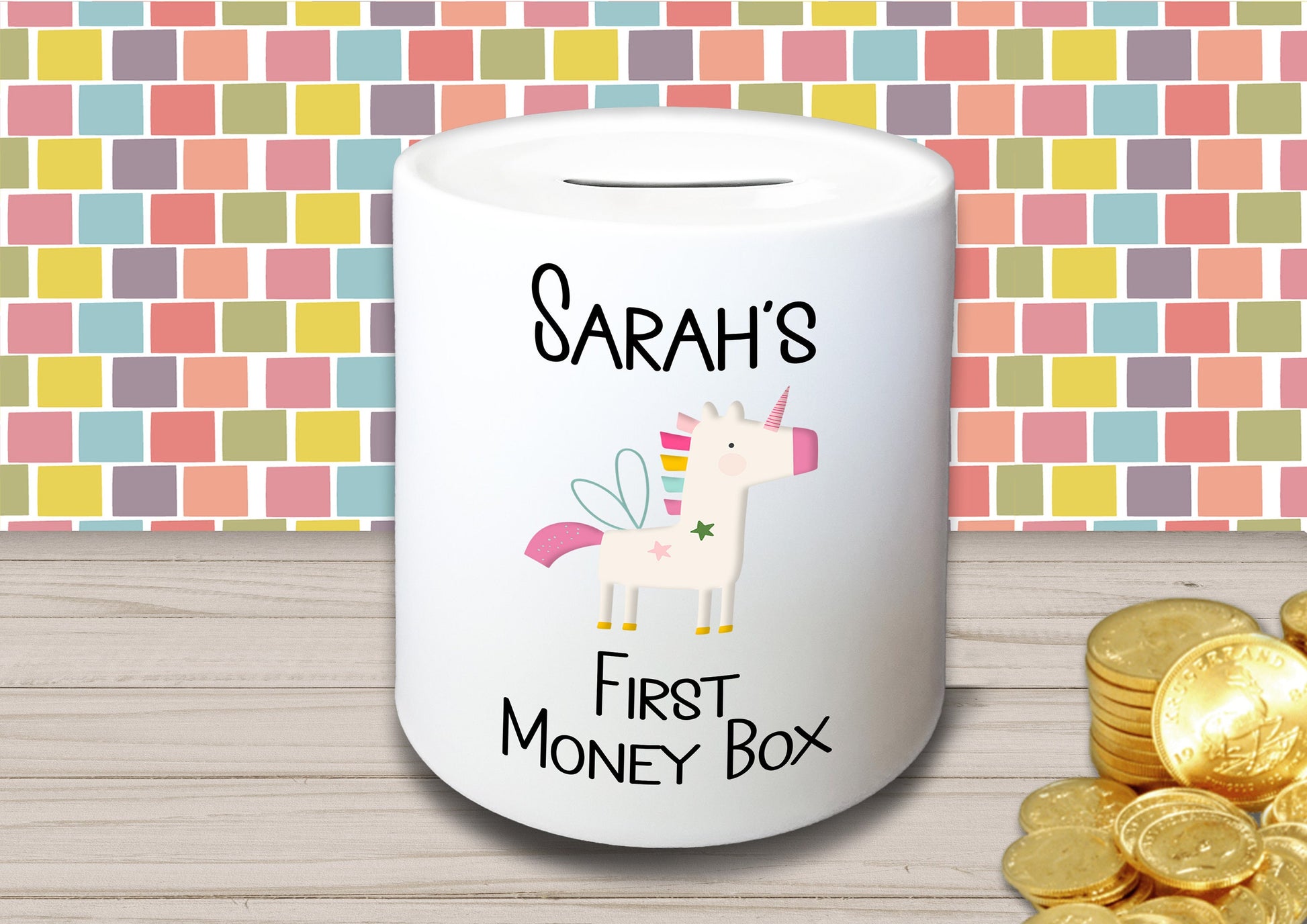 Personalised Kid's Name Ceramic First Money Box with Choice of Picture - Piggy Bank Birthday Gift for Child