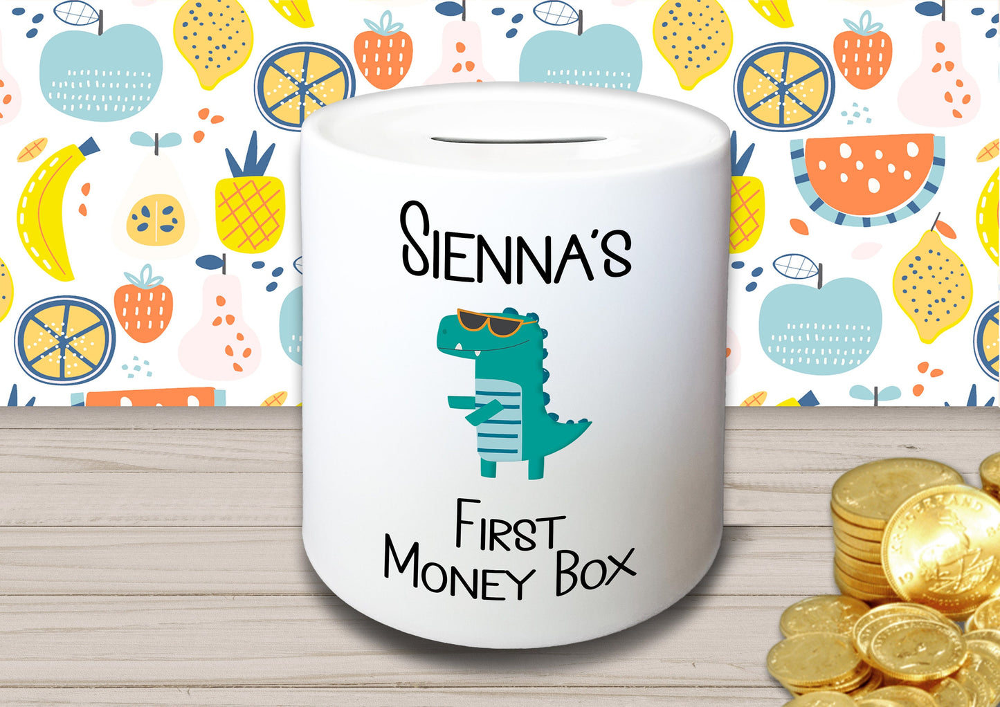 Personalised Kid's Name Ceramic First Money Box with Choice of Picture - Piggy Bank Birthday Gift for Child