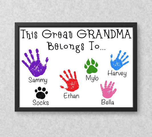 Personalised Handprints This Great Grandma Belongs To... Print - Birthday Present