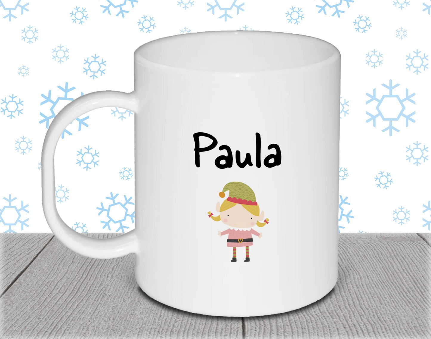 Personalised Kid's Name Christmas Polymer Mug with Girl Elf - Stocking Filler Gift Gift