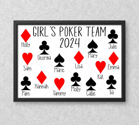 Personalised Girl's Poker Night Team Wall Print - Playing Cards Gift for Work Colleague