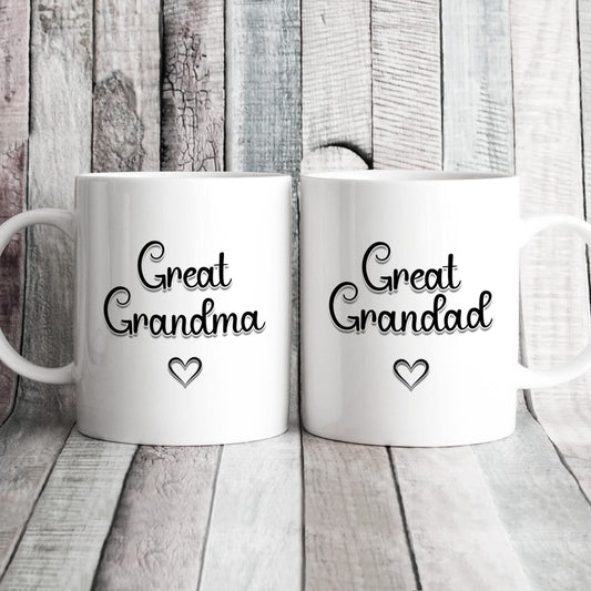 Great Grandma & Grandad Matching Mug Set for Mothers Day, Fathers Day, Anniversary or Birthday Gift - Personalised Pregnancy Reveal Present