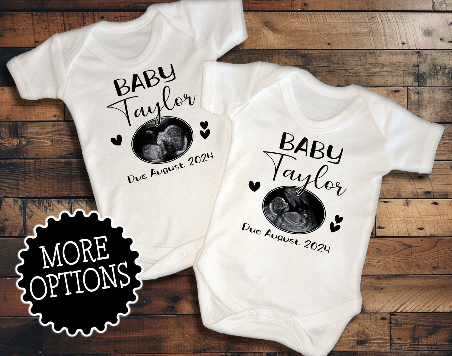 TWINS Pregnancy Announcement Baby Vests, Personalised with Ultrasound Scan Photos, Surname and Due Date