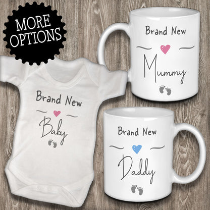Brand New Mummy and Daddy Mugs with Matching Brand New Baby Vest