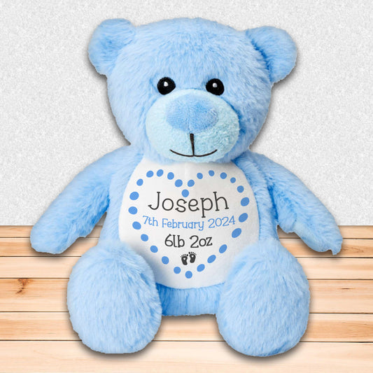 Personalised Teddy Bear for New Baby Gift - Blue Bear with Baby's Name and Stats to Celebrate Birth of Baby Boy