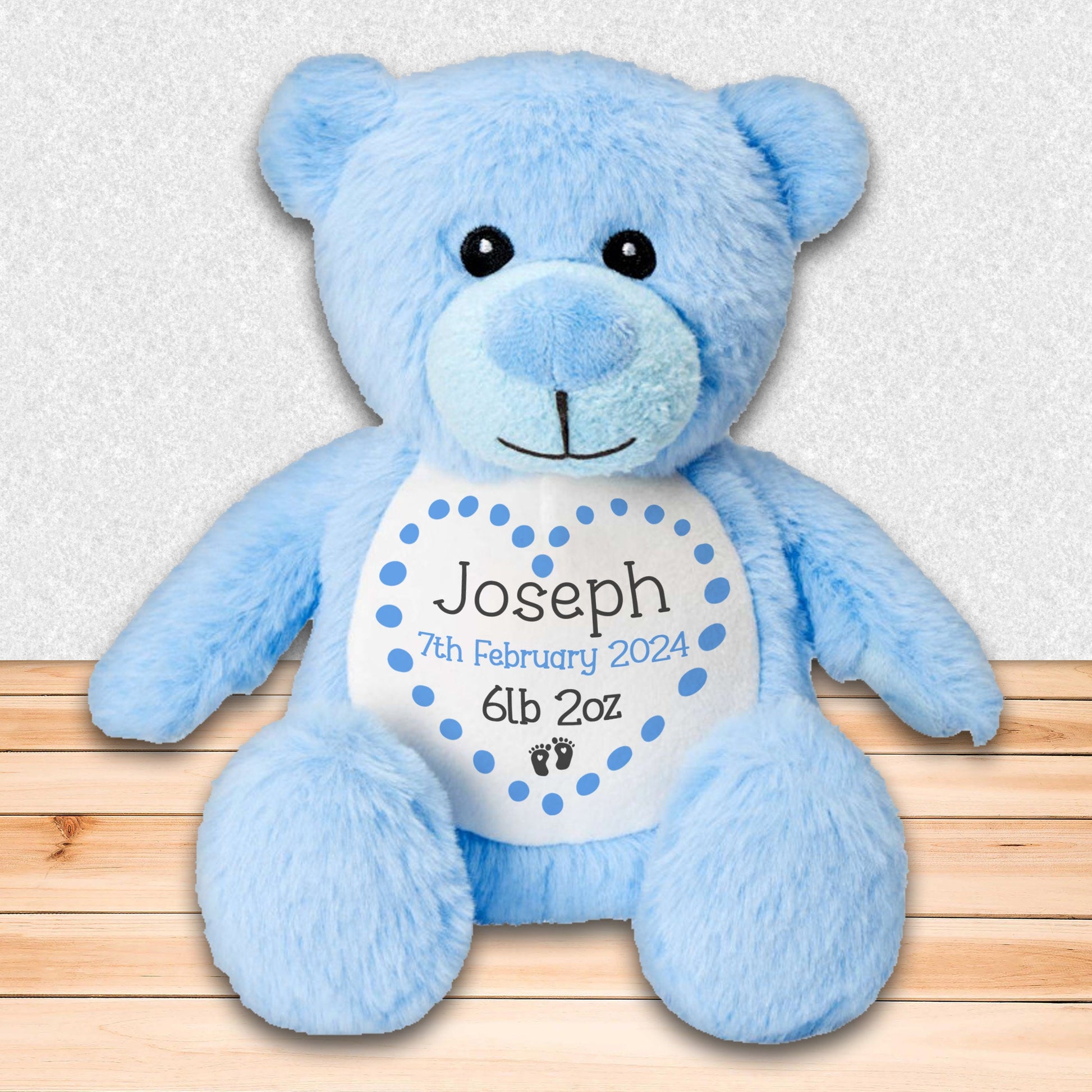 Personalised Teddy Bear for New Baby Gift - Blue Bear with Baby's Name and Stats to Celebrate Birth of Baby Girl