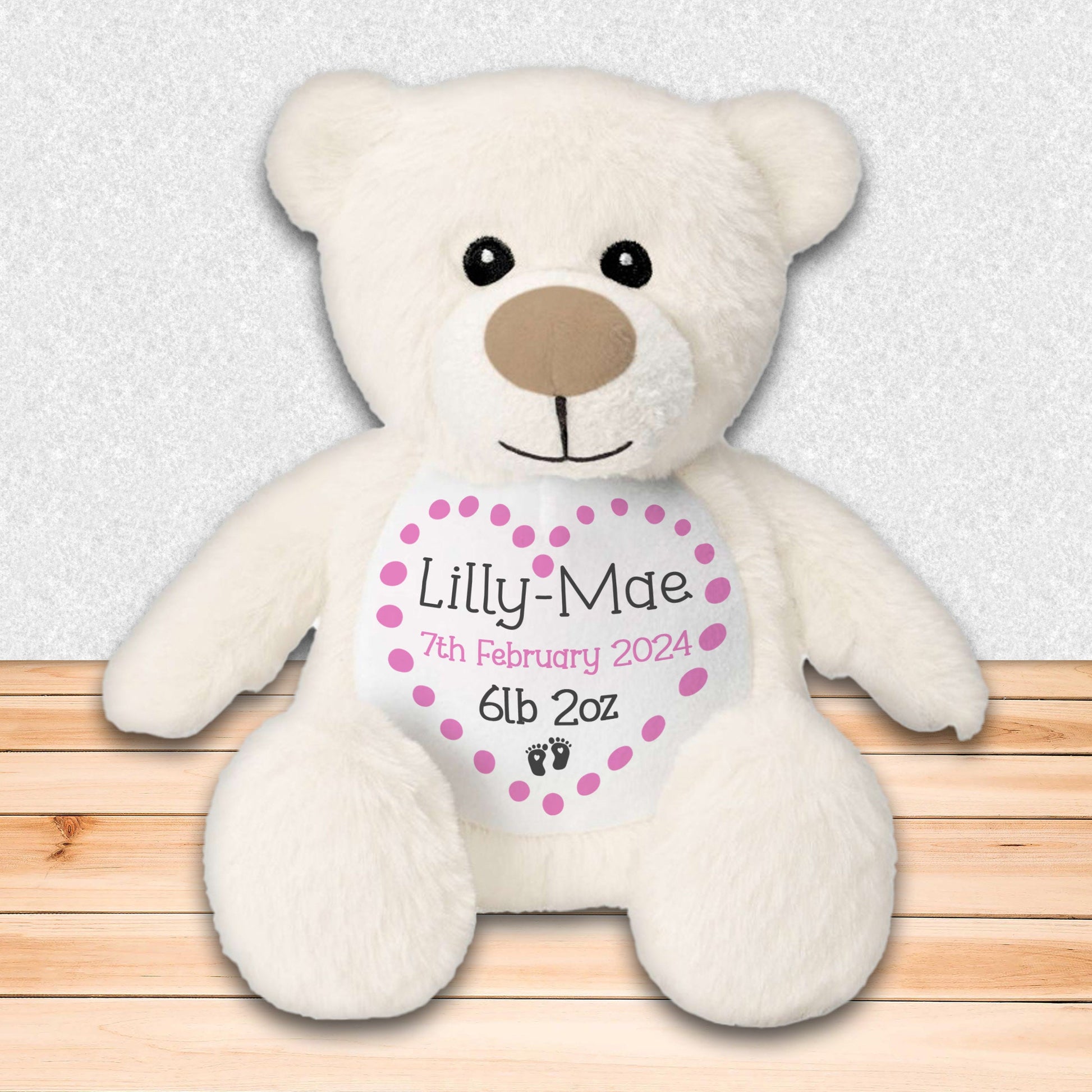 Personalised Teddy Bear for New Baby Gift - Pink Bear with Baby's Name and Stats to Celebrate Birth of Baby Girl