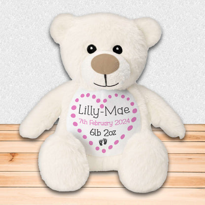 Personalised Teddy Bear for New Baby Gift - Cream Bear with Baby's Name and Stats to Celebrate Birth of Baby Boy