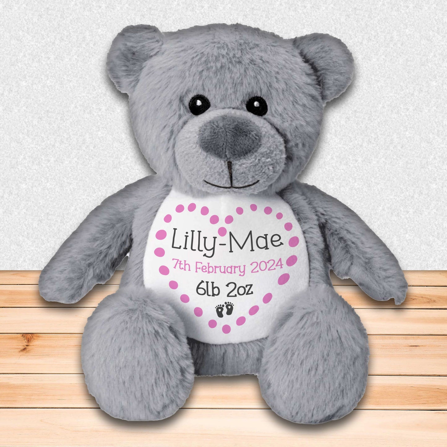 Personalised Teddy Bear for New Baby Gift - Pink Bear with Baby's Name and Stats to Celebrate Birth of Baby Girl