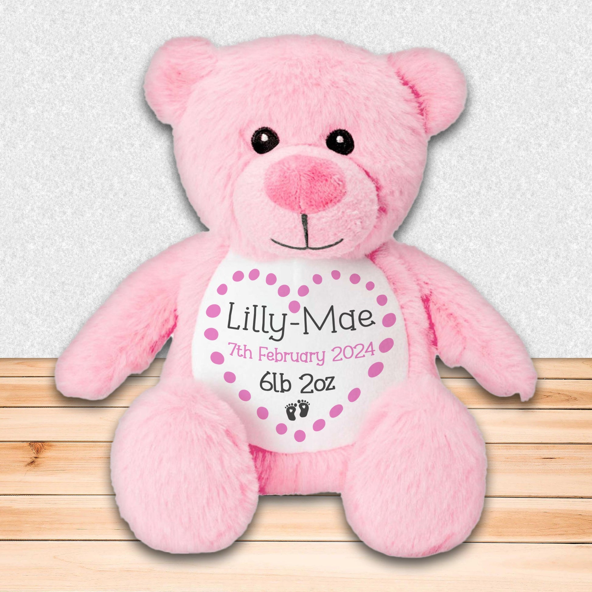 Personalised Teddy Bear for New Baby Gift - Pink Bear with Baby's Name and Stats to Celebrate Birth of Baby Girl