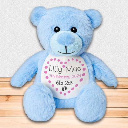 Personalised Teddy Bear for New Baby Gift - Blue Bear with Baby's Name and Stats to Celebrate Birth of Baby Boy