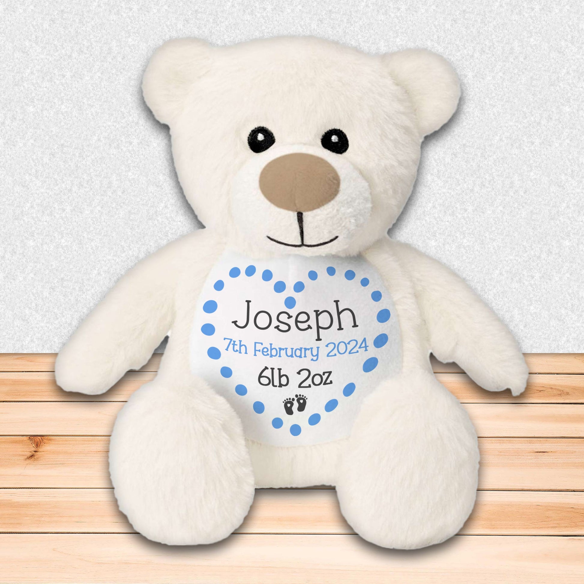 Personalised Teddy Bear for New Baby Gift - Blue Bear with Baby's Name and Stats to Celebrate Birth of Baby Boy