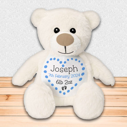 Personalised Teddy Bear for New Baby Gift - Blue Bear with Baby's Name and Stats to Celebrate Birth of Baby Boy