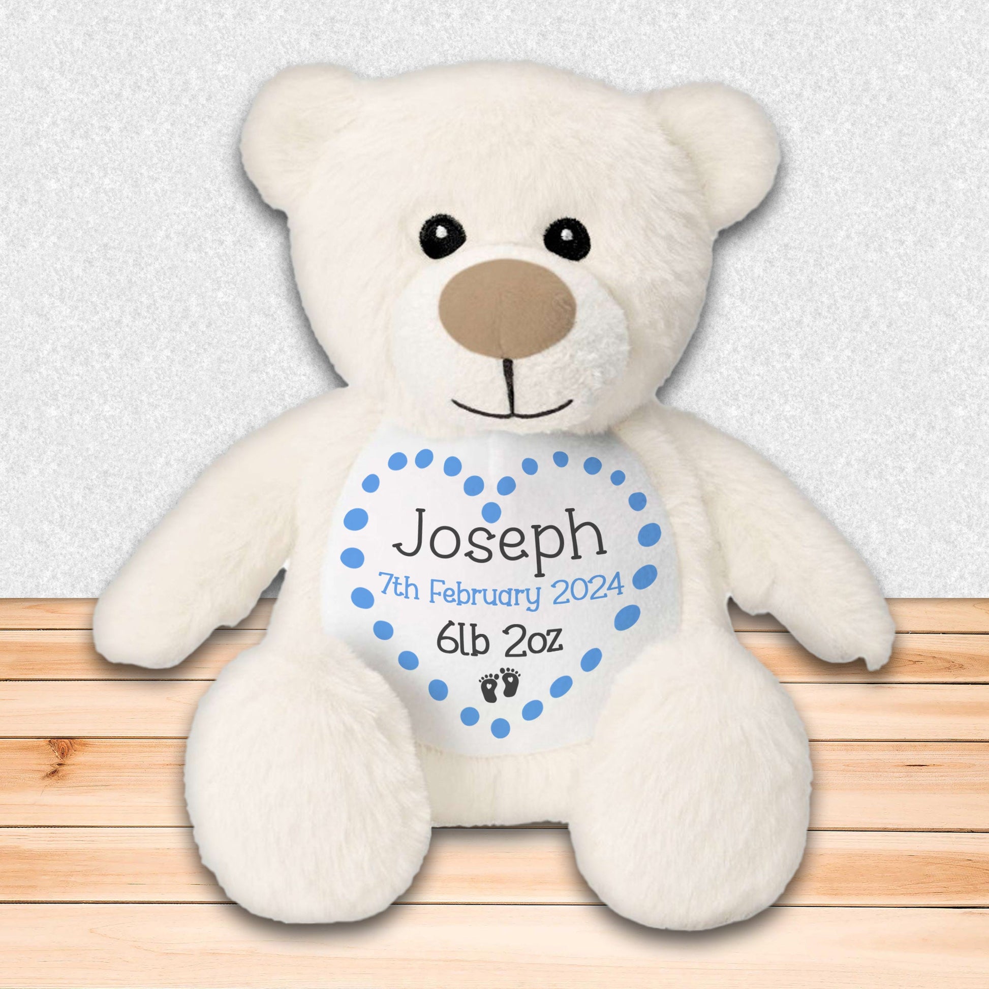 Personalised Teddy Bear for New Baby Gift - Blue Bear with Baby's Name and Stats to Celebrate Birth of Baby Girl