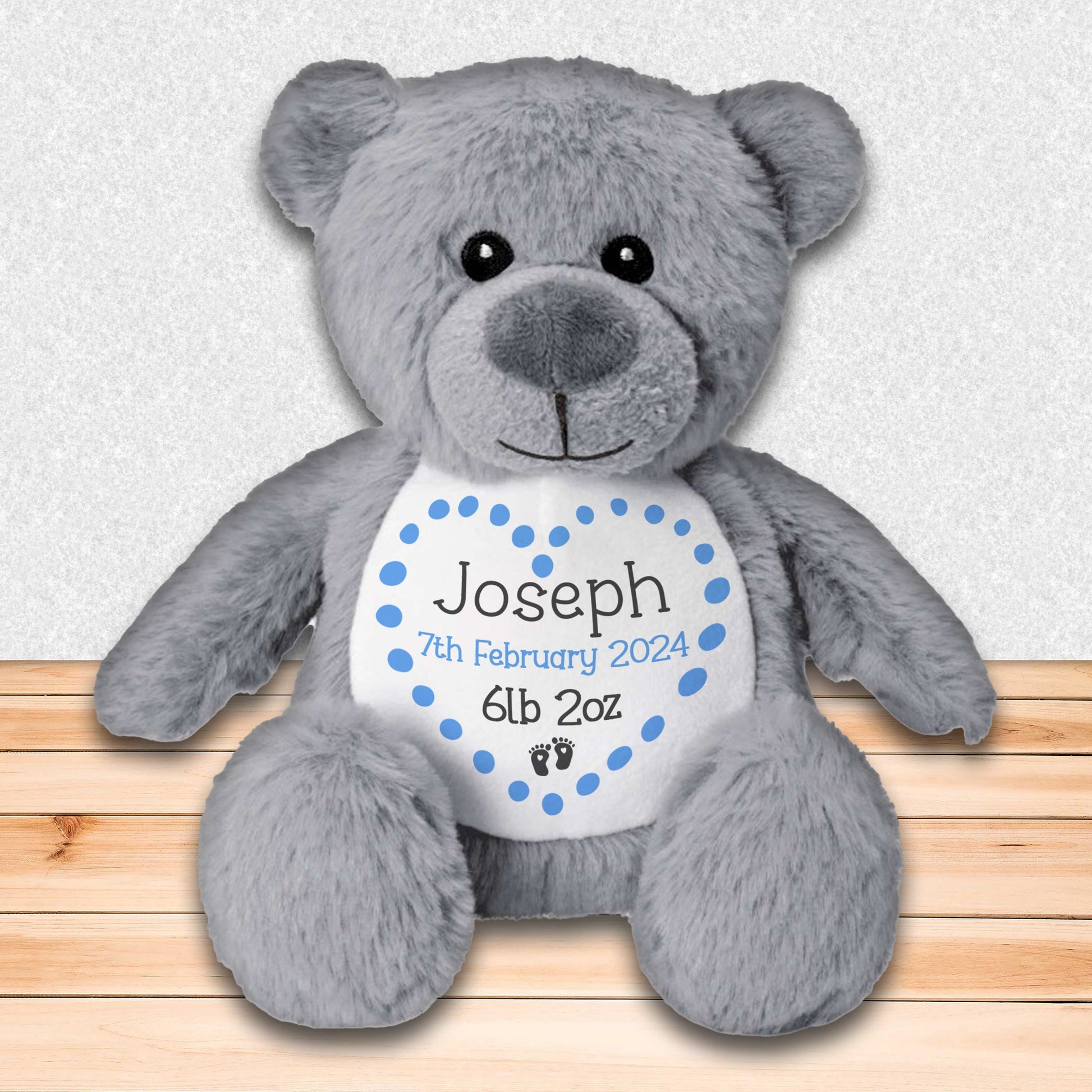 Personalised Teddy Bear for New Baby Gift - Blue Bear with Baby's Name and Stats to Celebrate Birth of Baby Boy