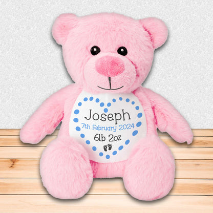 Personalised Teddy Bear for New Baby Gift - Blue Bear with Baby's Name and Stats to Celebrate Birth of Baby Boy