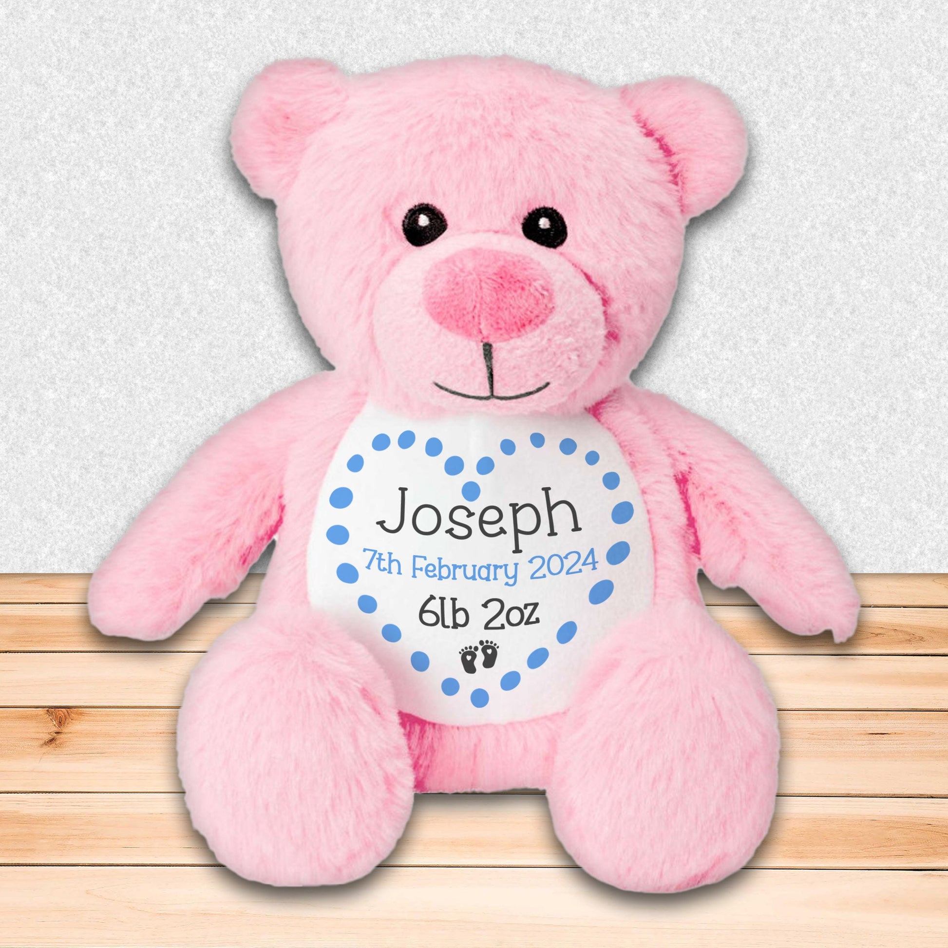 Personalised Teddy Bear for New Baby Gift - Pink Bear with Baby's Name and Stats to Celebrate Birth of Baby Girl