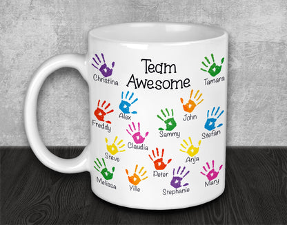 Personalised Work Teams Multi-Colour Handprints Mug - Promotion or Retirement Gift for Colleague, Employee or Boss