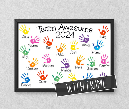 Personalised Work Team Handprints Wall Print with Wooden Frame - Leaving, Promotion or Retirement Gift for Co-worker, Employee or Boss