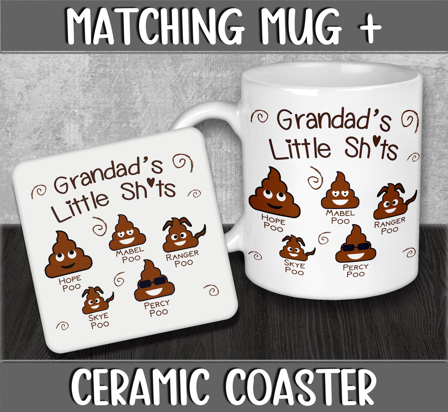 Personalised Grandad's Little Shits Mug & Coaster for Father's Day Gift - Funny Birthday Present for Grandpa