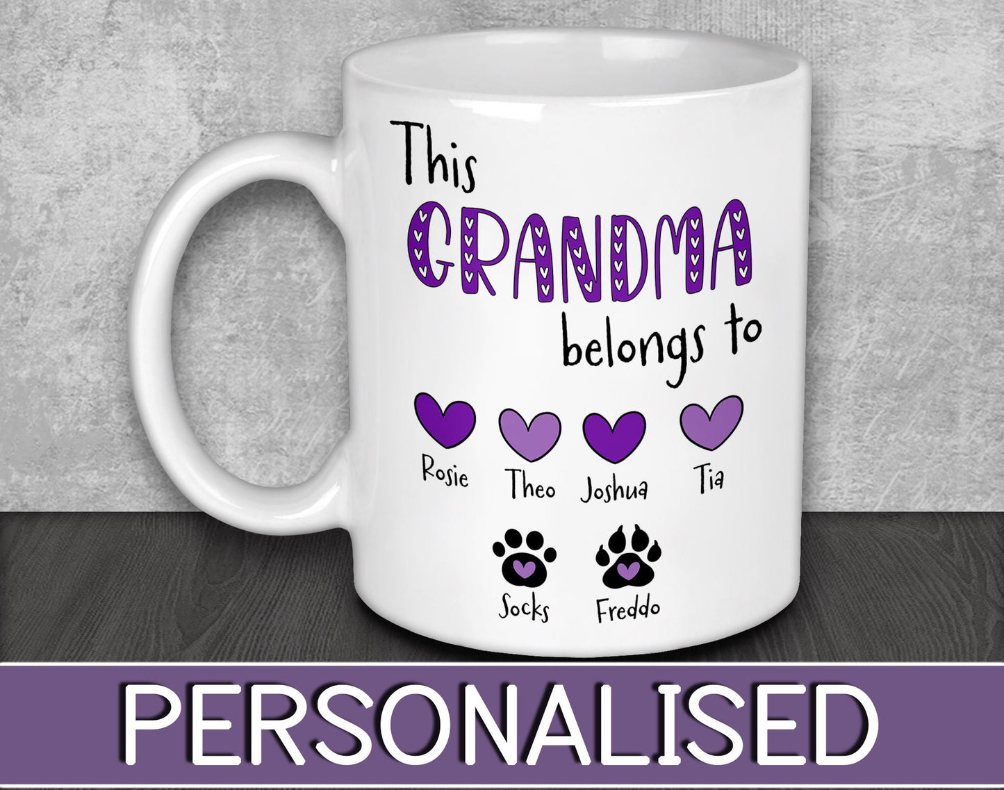 Personalised Grandma Hearts & Paws Mug for Mother's Day or Birthday Gift - This Grandma Belongs To