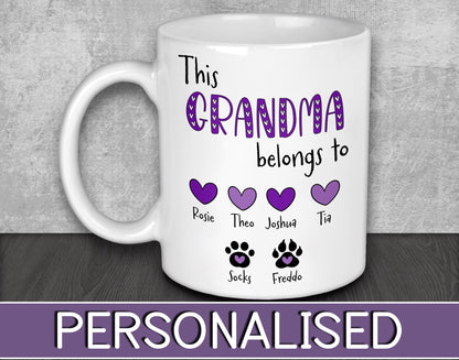 Personalised Grandma Hearts & Paws Mug for Mother's Day or Birthday Gift - This Grandma Belongs To