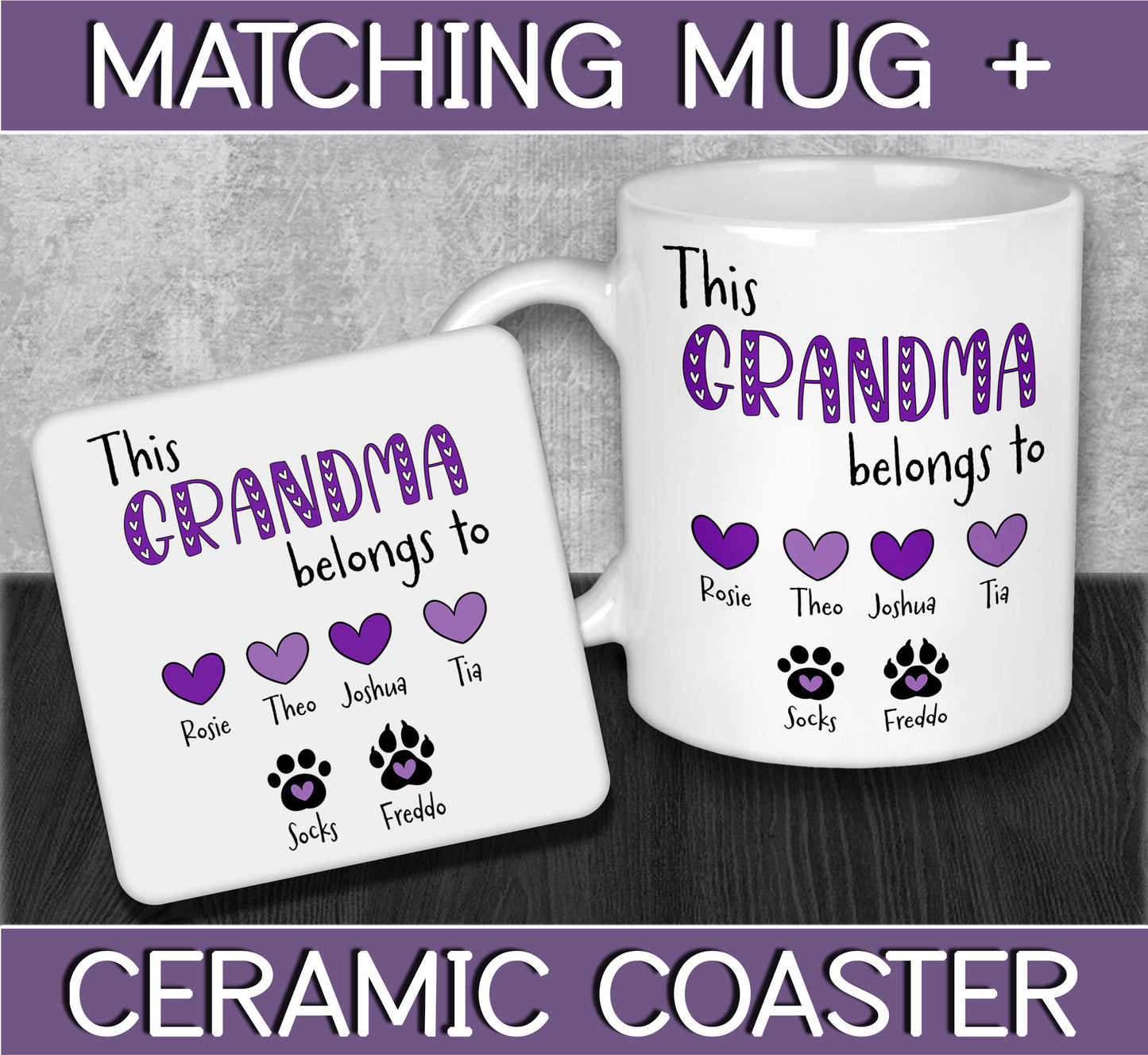 Personalised Grandma Hearts & Paws Mug and Coaster for Mother's Day or Birthday Gift - This Grandma Belongs To