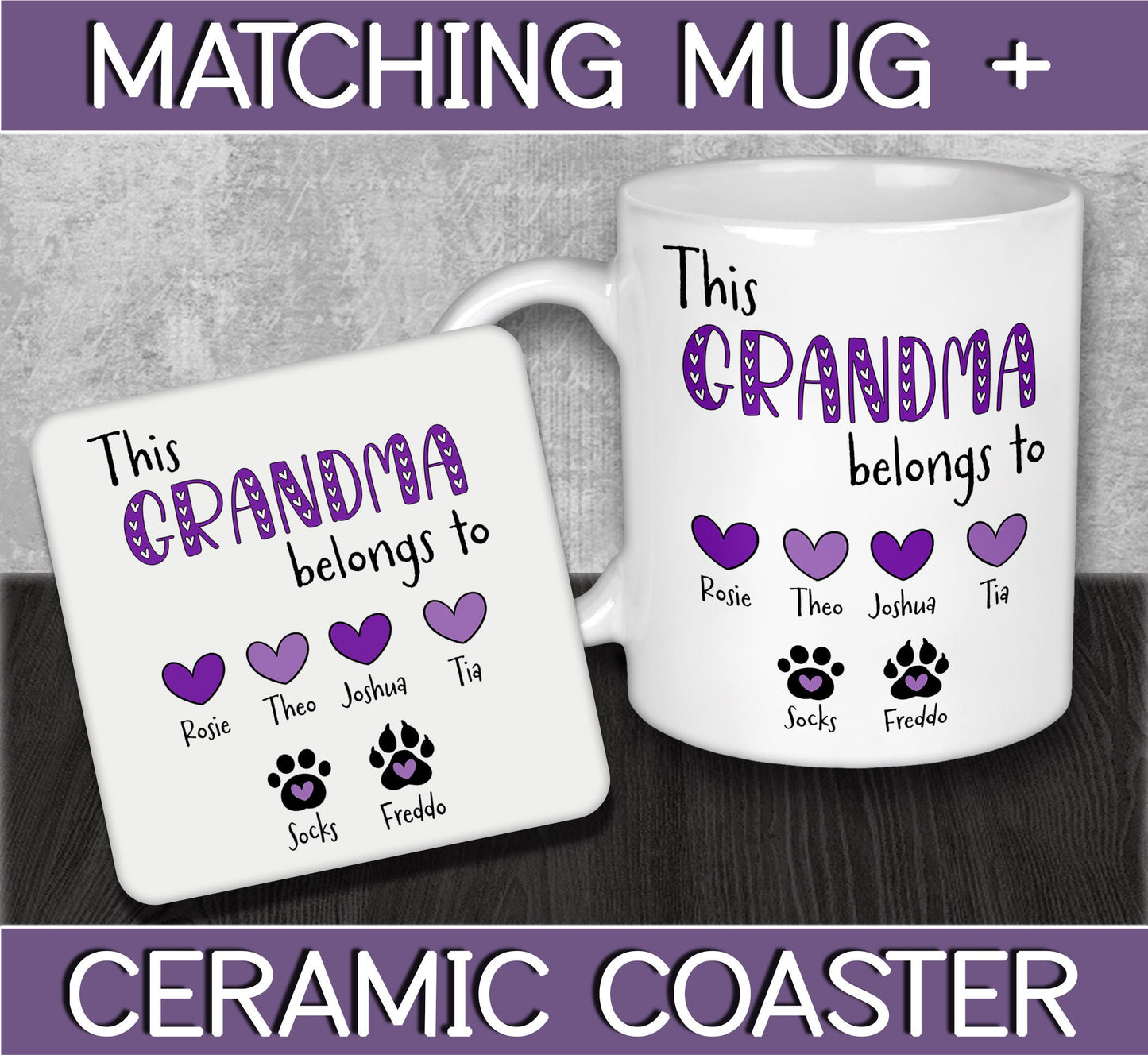Personalised Grandma Hearts & Paws Mug and Coaster for Mother's Day or Birthday Gift