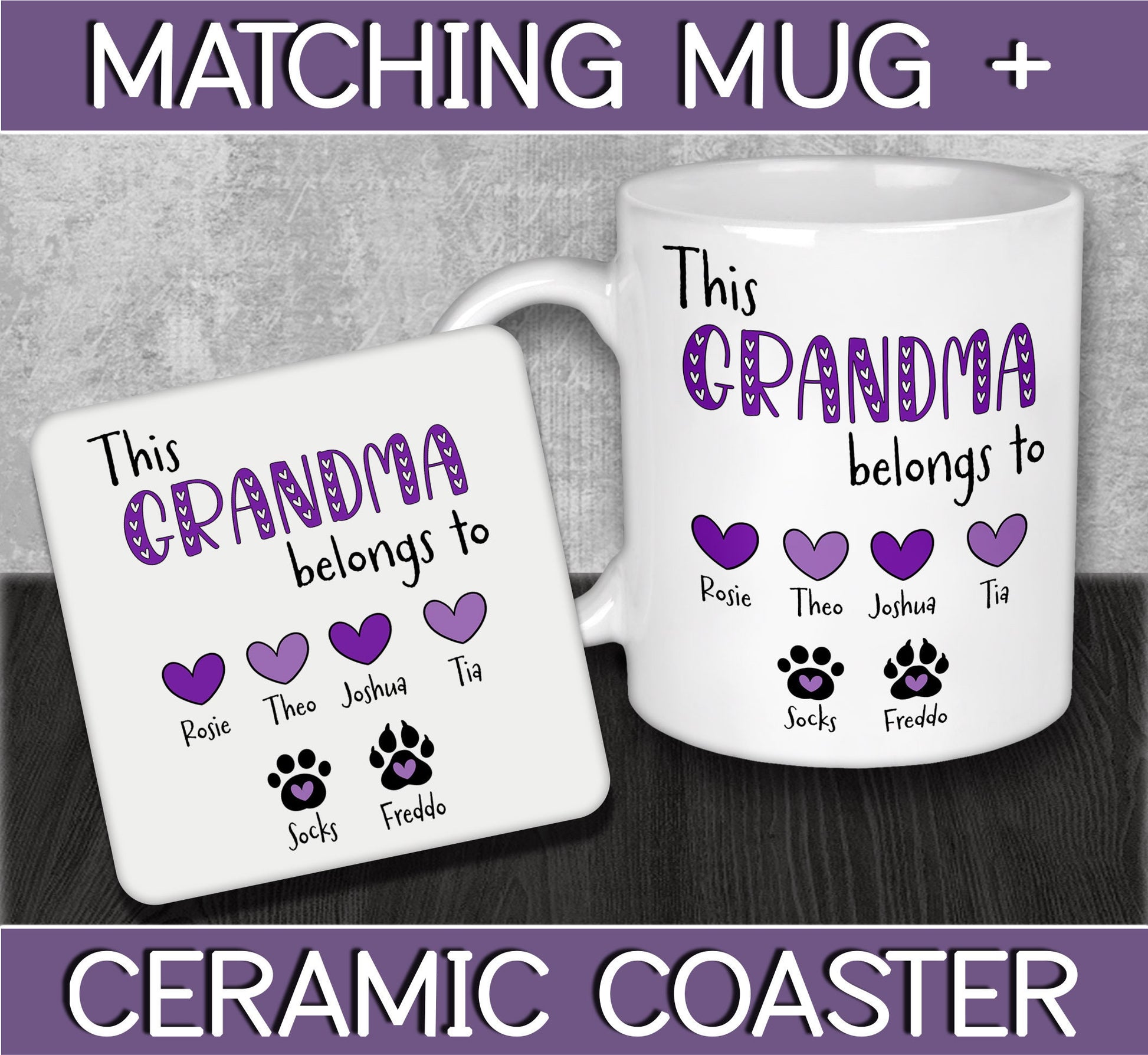 Personalised Grandma Hearts & Paws Mug and Coaster for Mother's Day or Birthday Gift