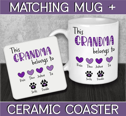 Personalised Grandma Hearts & Paws Mug and Coaster for Mother's Day or Birthday Gift