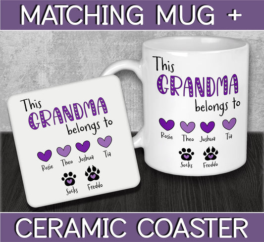 Personalised Grandma Hearts & Paws Mug and Coaster for Mother's Day or Birthday Gift