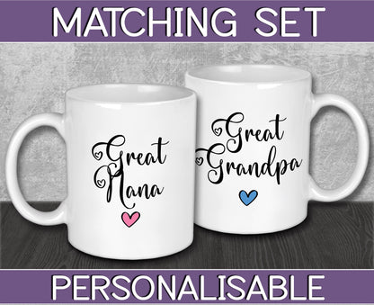 Personalised Great Nana & Great Grandpa Mug Set for Anniversary Gift - Stocking Filler for New Grandparents