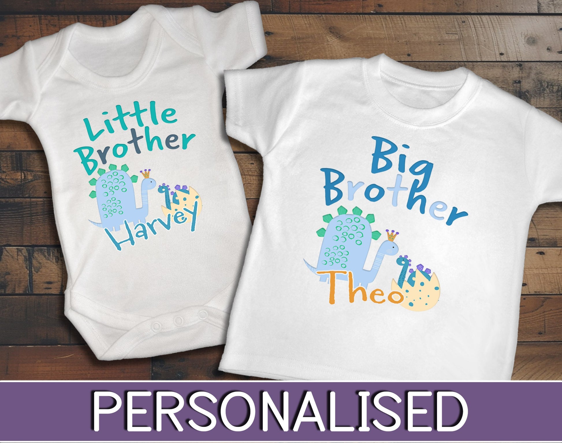 Little Brother Baby Vest & Big Brother Toddler T-Shirt Matching Dinosaur Set - Personalised Gift for New Siblings