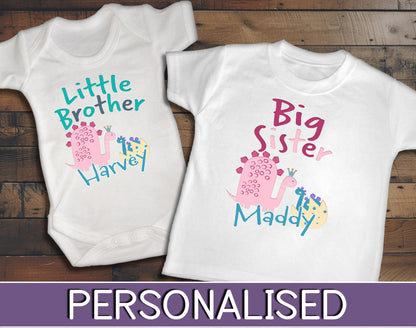 Little Brother Baby Vest & Big Sister Toddler T-Shirt Matching Dinosaur Set - Personalised Gift for New Siblings