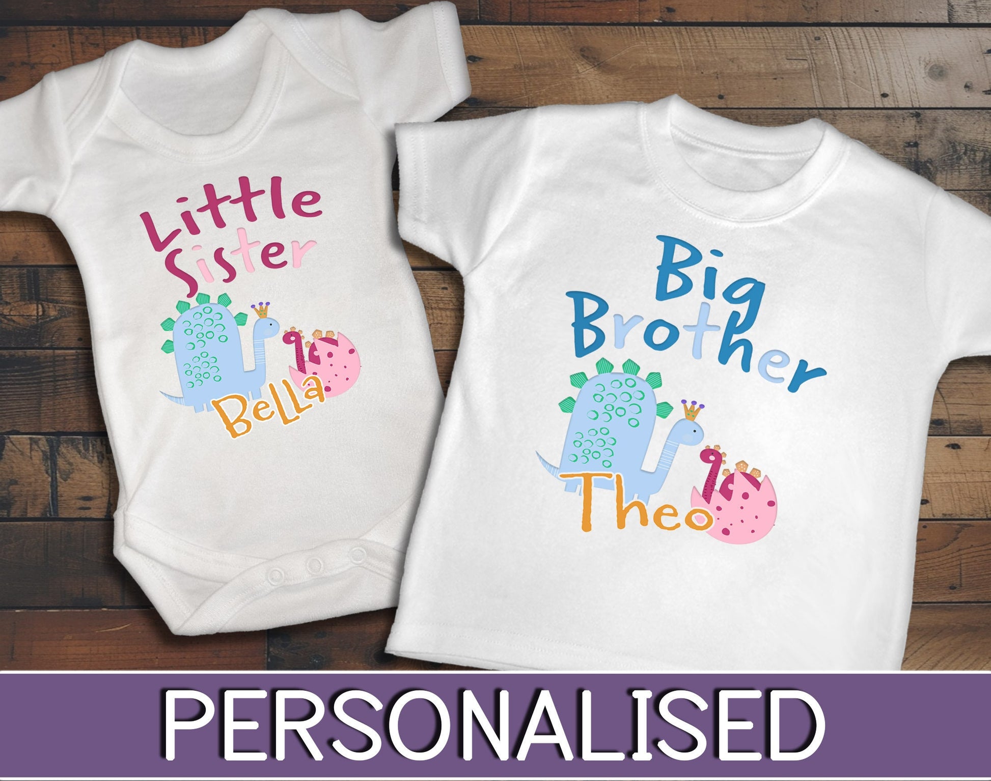 Little Sister Baby Vest & Big Brother Toddler T-Shirt Matching Dinosaur Set - Personalised Gift for New Siblings