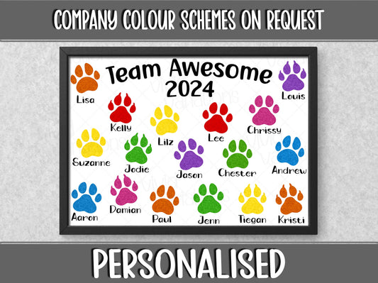 Personalised Work Team Pawprints Wall Print - Leaving or Retirement Gift for Animal Lover, Vet or Dog Groomer