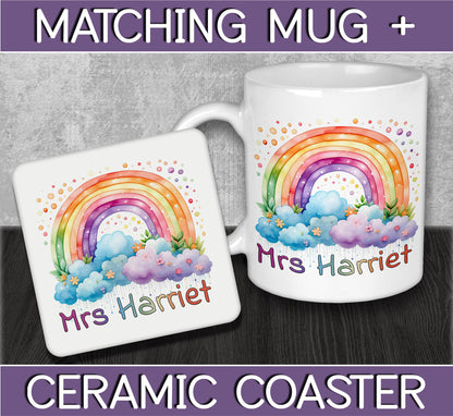 Personalised Teacher Rainbow Mug & Coaster Gift for End of School Year - Leaving Present for School Teacher