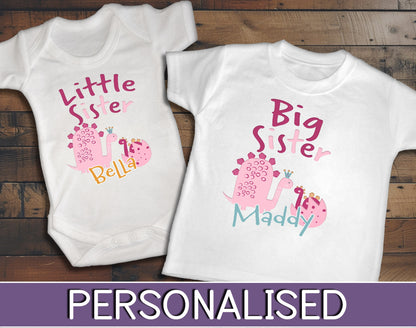 Little Sister Baby Vest & Big Sister Toddler T-Shirt Matching Dinosaur Set