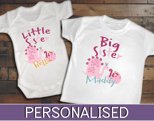 Little Sister Baby Vest & Big Sister Toddler T-Shirt Matching Dinosaur Set