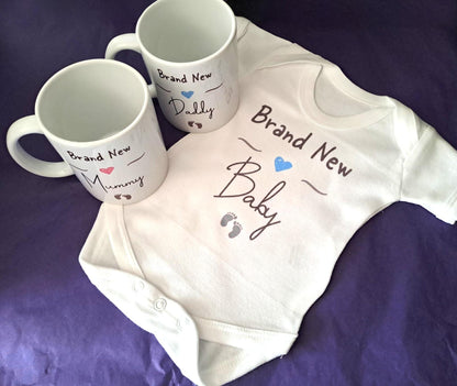 Brand New Mummy and Daddy Mugs with Matching Brand New Baby Vest - Gift for New Parents and Newborn Baby Boy